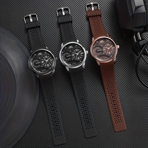 1pc Fashion Trend Silicone Breathable Sweat Resistant Silicone Sports Quartz Wrist Watch Personality Small Dial Decoration Men s Watch - Brown - Image 4
