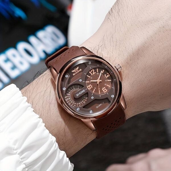 1pc Fashion Trend Silicone Breathable Sweat Resistant Silicone Sports Quartz Wrist Watch Personality Small Dial Decoration Men s Watch - Brown - Image 3
