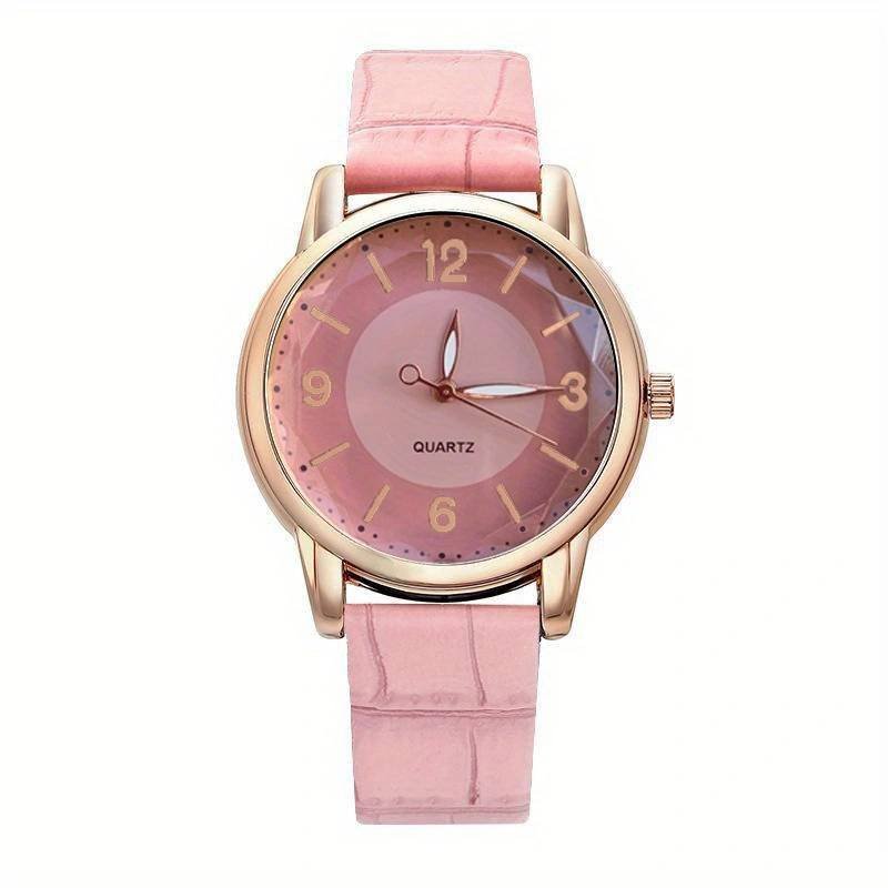 Casual Round Pointer Quartz Watch Ladies Fashion Analog PU Leather Wristwatch For Women Girls Students – Pink