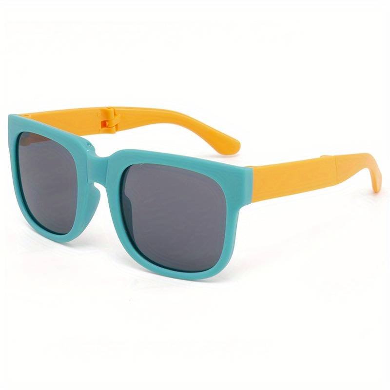 Cute Cool Color Block Square Frame Folding Sunglasses, For Boys Girls Outdoor Sports Party Vacation Travel Suppplies Photo Prop – Green