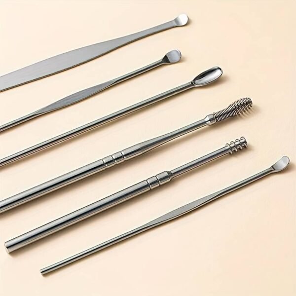 6pcs Stainless Steel Far Pick Set. Ear Wax Removal Tool, Ear Cleaning Tool, Earwax Removal Set, Portable Storage Leather Case, Used For Travel And Business - Pink - Image 3