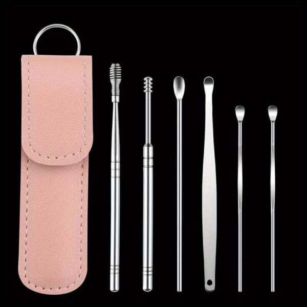 6pcs Stainless Steel Far Pick Set. Ear Wax Removal Tool, Ear Cleaning Tool, Earwax Removal Set, Portable Storage Leather Case, Used For Travel And Business - Pink - Image 4