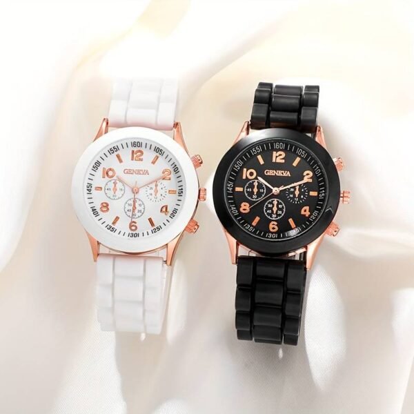 2pcs Couples Watch Casual Round Pointer Quartz Watch Analog Silicone Wrist Watch Valentines Gift For Him Her - Black And White Color - Image 2