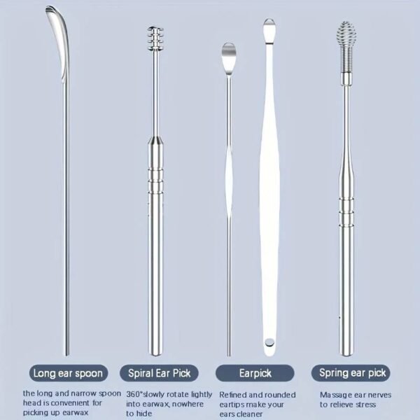 6pcs Stainless Steel Ear Pick Ear Pick Tool Set Portable Spiral Spring Ear Cleaning - Set Of 6 Stainless Ear Spoons - Image 3