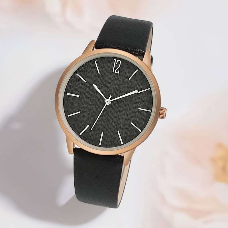 Casual Wood Grain Fashion Quartz Watch Analog PU Leather Wrist Watch For Women Girls – Black