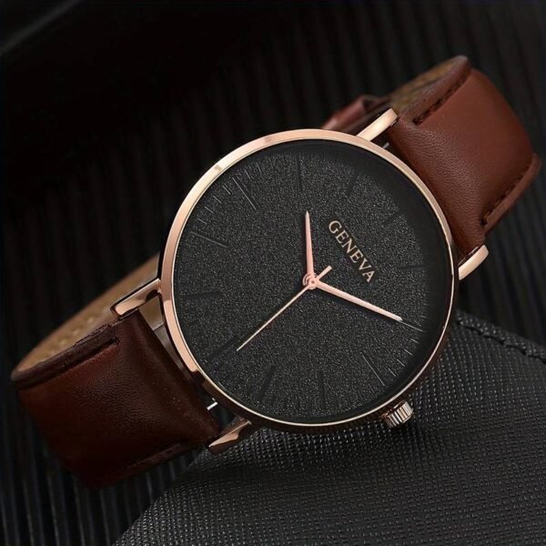 1pc Watch  1pc Fashion Casual Men's Sports Quartz Wrist Watch & 3pcs Versatile Bracelet, Gift For Friend - Brown Leather + 3 pieces Of Jewelry  Teenager - Image 5