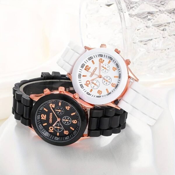 2pcs Couples Watch Casual Round Pointer Quartz Watch Analog Silicone Wrist Watch Valentines Gift For Him Her - Black And White Color