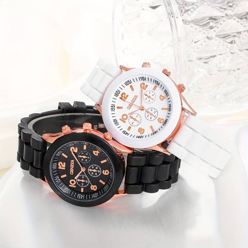 2pcs Couples Watch Casual Round Pointer Quartz Watch Analog Silicone Wrist Watch Valentines Gift For Him Her – Black And White Color