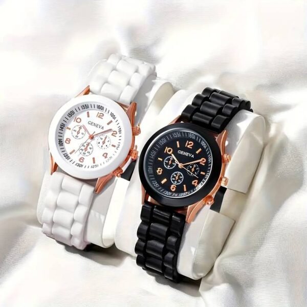 2pcs Couples Watch Casual Round Pointer Quartz Watch Analog Silicone Wrist Watch Valentines Gift For Him Her - Black And White Color - Image 3