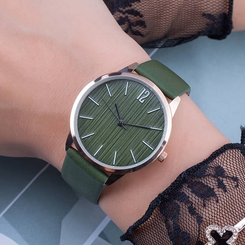 Casual Wood Grain Fashion Quartz Watch Analog PU Leather Wrist Watch For Women Girls – Green