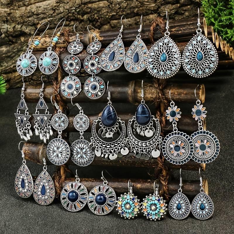 Vintage Geometric Shape Drop Dangle Earrings Rhinestone Boho Ear Jewelry For Women Girls Decor Gift – #1 Multicolor 12 Pairs