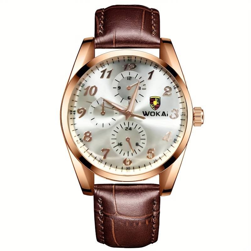 1pc Men’s White Business Watch Advanced Quartz Casual PU Leather Strap Men’s Watch – Brown