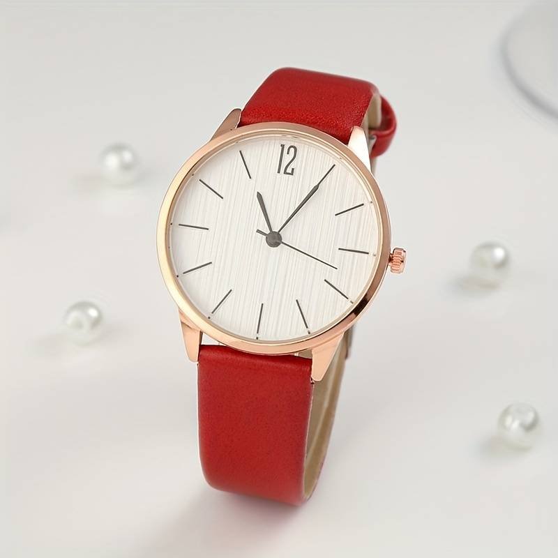 Casual Wood Grain Fashion Quartz Watch Analog PU Leather Wrist Watch For Women Girls – Red