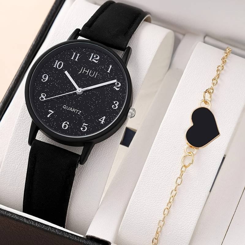 1pc Round Pointer Quartz Watch & 1pc Bracelet Fancy Women Watches Jewelry Sophiscated And Stylish Women Watch – Black + Black Heart  Women