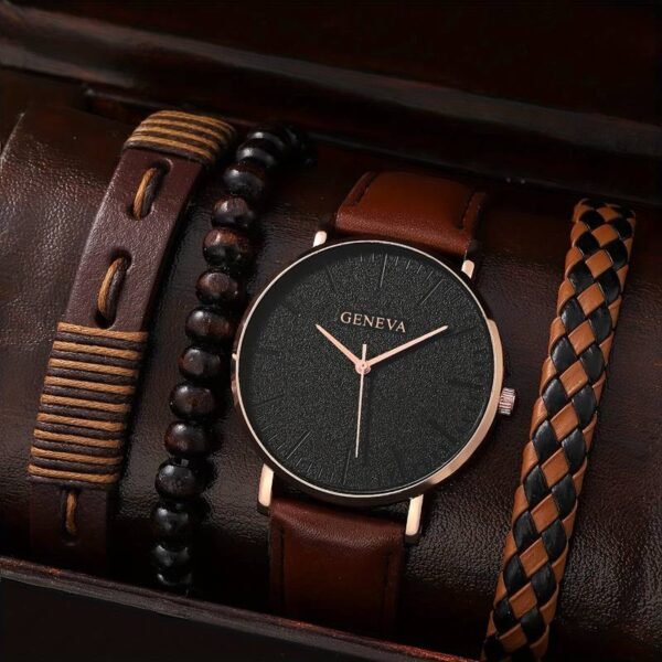 1pc Watch  1pc Fashion Casual Men's Sports Quartz Wrist Watch & 3pcs Versatile Bracelet, Gift For Friend - Brown Leather + 3 pieces Of Jewelry  Teenager
