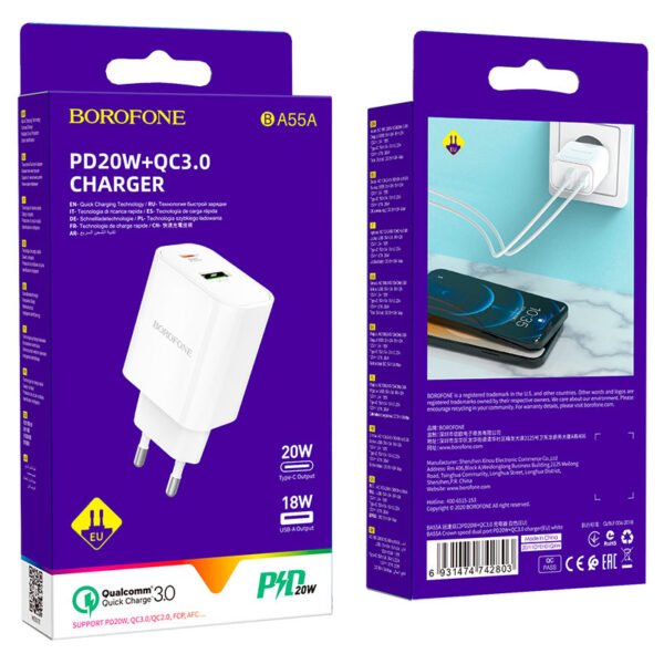 Wall charger BA55A Crown speed PD20W + QC3.0 EU - Image 3