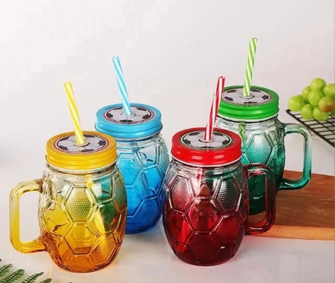 Glass Football Jar Cup with Straw per pc
